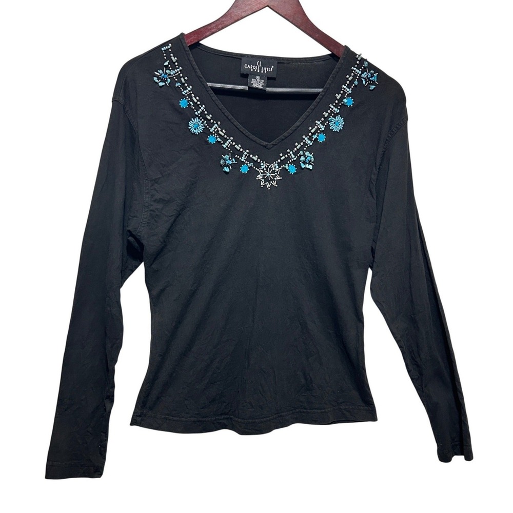 VTG Carole Little Women Top M Black Turquoise Beaded Embellished‎ Boho Western